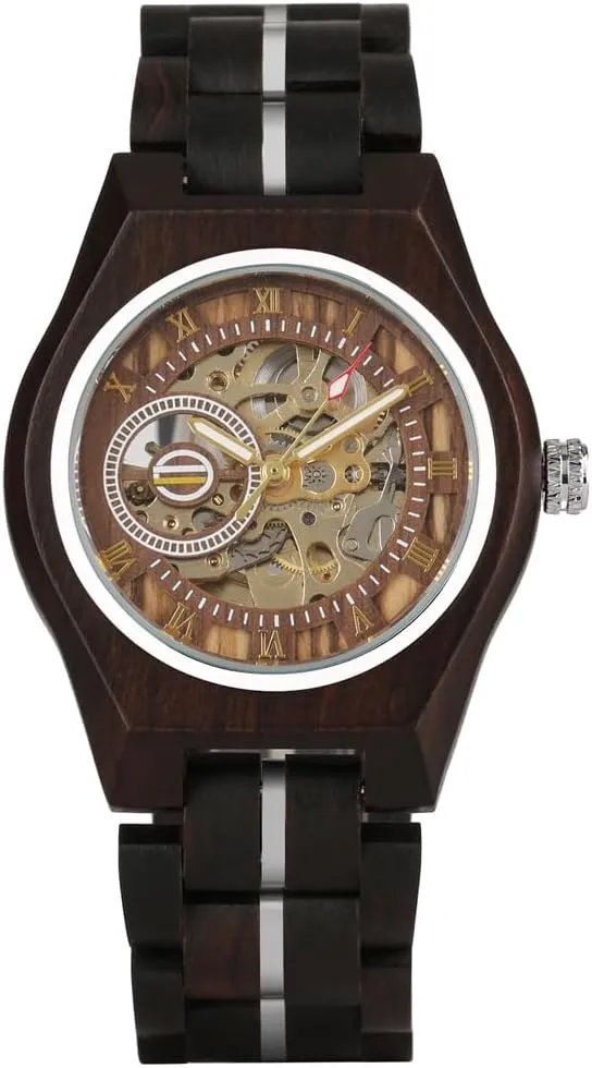 Luxury Automatic Mechanical Wooden Round Analog Watches Roman Numerals Skeleton Self-Winding Wristwatches Black Red CARLIEN awful Irish refrigerator unavoidable smile Men's 