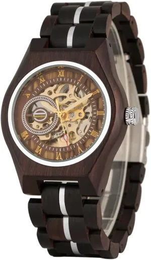 Luxury Automatic Mechanical Wooden Round Analog Watches Roman Numerals Skeleton Self-Winding Wristwatches Black Red CARLIEN awful Irish refrigerator unavoidable smile Men's 