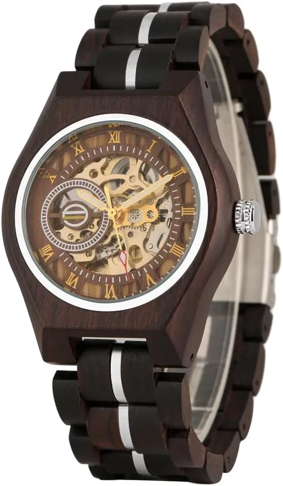 Luxury Automatic Mechanical Wooden Round Analog Watches Roman Numerals Skeleton Self-Winding Wristwatches Black Red CARLIEN awful Irish refrigerator unavoidable smile Men's 