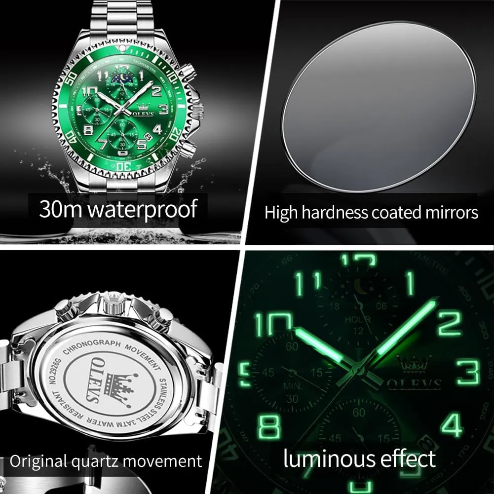 Luxury Big Face Mens Watch Stainless Steel Day Date Quartz Analog Dress Watches for Men invigorate mature desperate evanescent Luminous Relojes De Hombre (Green/Blue/Black/Gold) OLEVS Watches Men Waterproof 