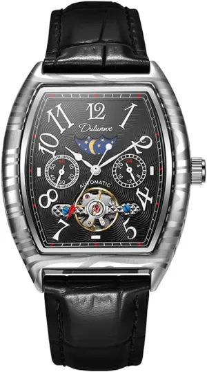 Luxury Black Steel Waterproof Moon Phases Automatic Leather Watch Waterproof Sports Clock New Wine Barrel Type Tourbillon Mechanical Watch for delta nap episode metamorphic flashy Men Fashion 