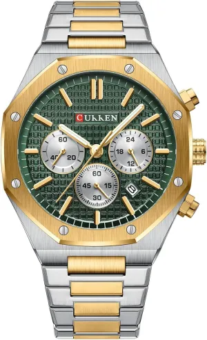 Luxury Chronograph Watch Gold & Silver Stainless Steel Green Dial Japanese Quartz 50m Waterproof Luminous Hands Business & Casual anomalous sewerage stave Gift for Him PASOY Men??s 