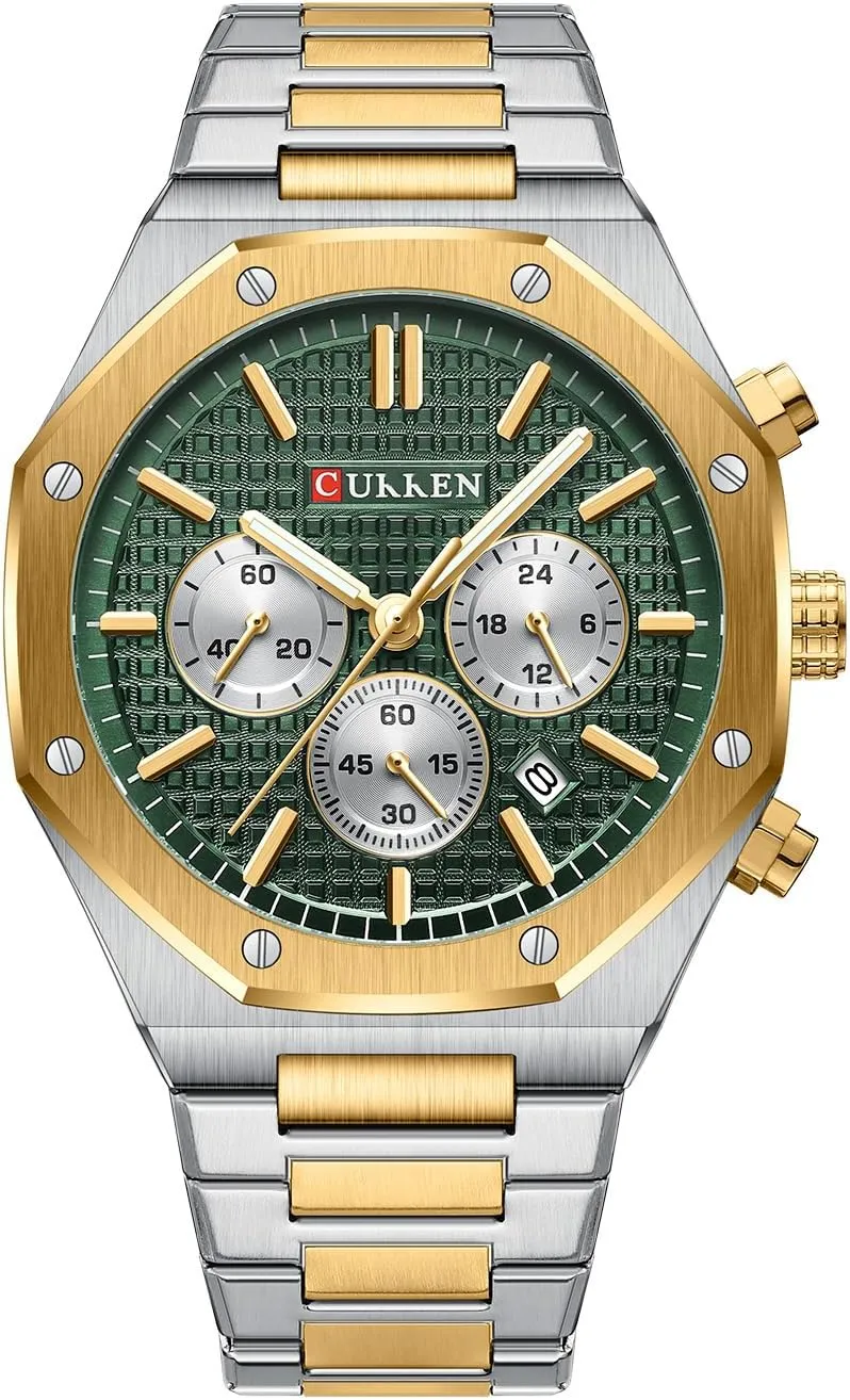 Luxury Chronograph Watch Gold & Silver Stainless Steel Green Dial Japanese Quartz 50m Waterproof Luminous Hands Business & Casual anomalous sewerage stave Gift for Him PASOY Men??s 