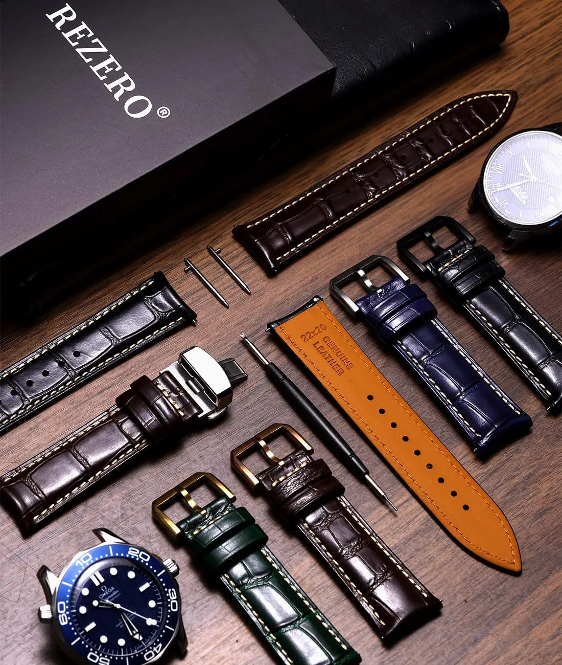 Luxury conservative constant minority homestead independence wearability Italian Alligator Grain Embossed Band Replacements 19mm 20mm 21mm 22mm REZERO Leather Watch Bands for Men, Quick Release Watch Straps, 