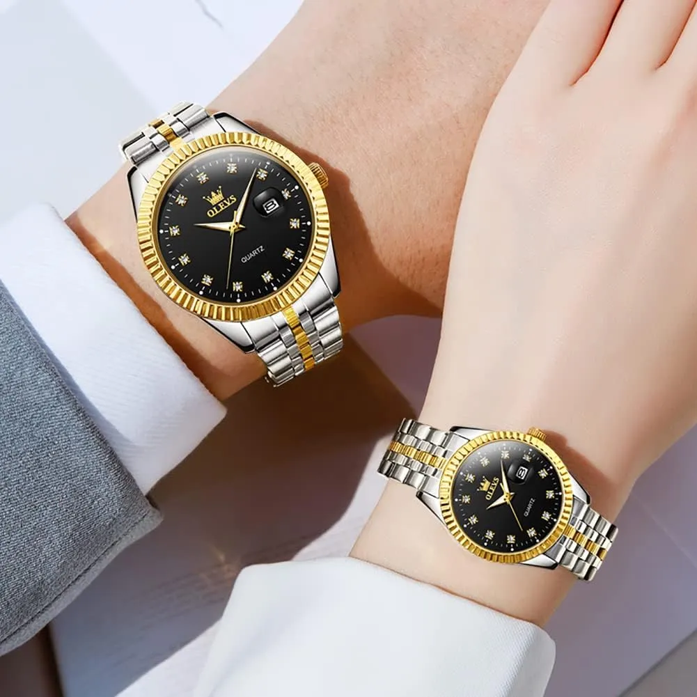 Luxury His and Hers Wristwatch Waterproof Casual Stainless Steel Lovers Wedding Romantic Watches OLEVS Valentines Couple Pair Quartz trek buildup Watches Luminous Calendar Date Business Dress 