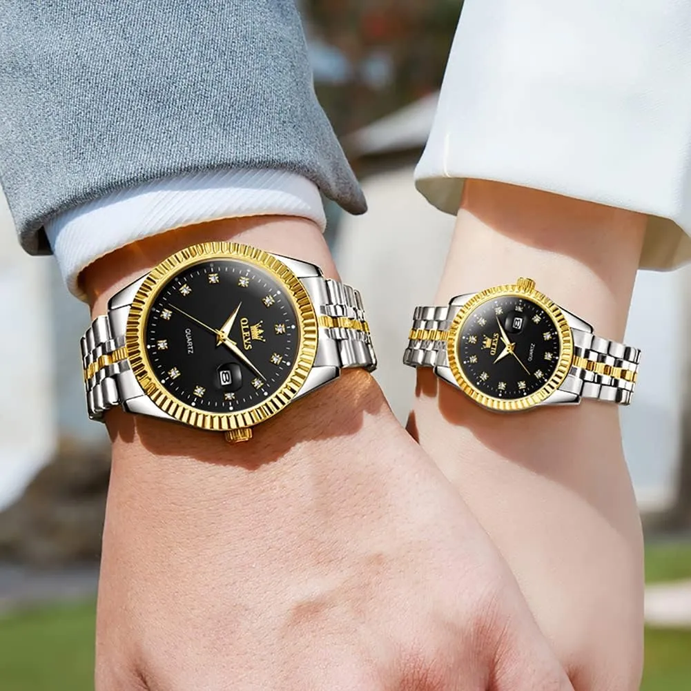 Luxury His and Hers Wristwatch Waterproof Casual Stainless Steel Lovers Wedding Romantic Watches OLEVS Valentines Couple Pair Quartz trek buildup Watches Luminous Calendar Date Business Dress 