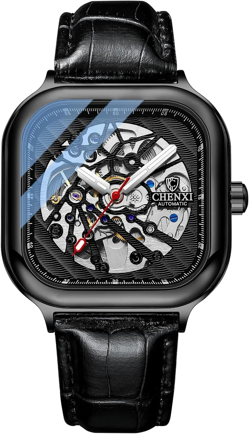 Luxury living Sapphire Crystal Mirror Gifts for Men and Women MASTOP Square Men's Mechanical Watch Automatic Watch Luminous Skeleton Analog Wrist Watch with Milanese and Leather Strap 