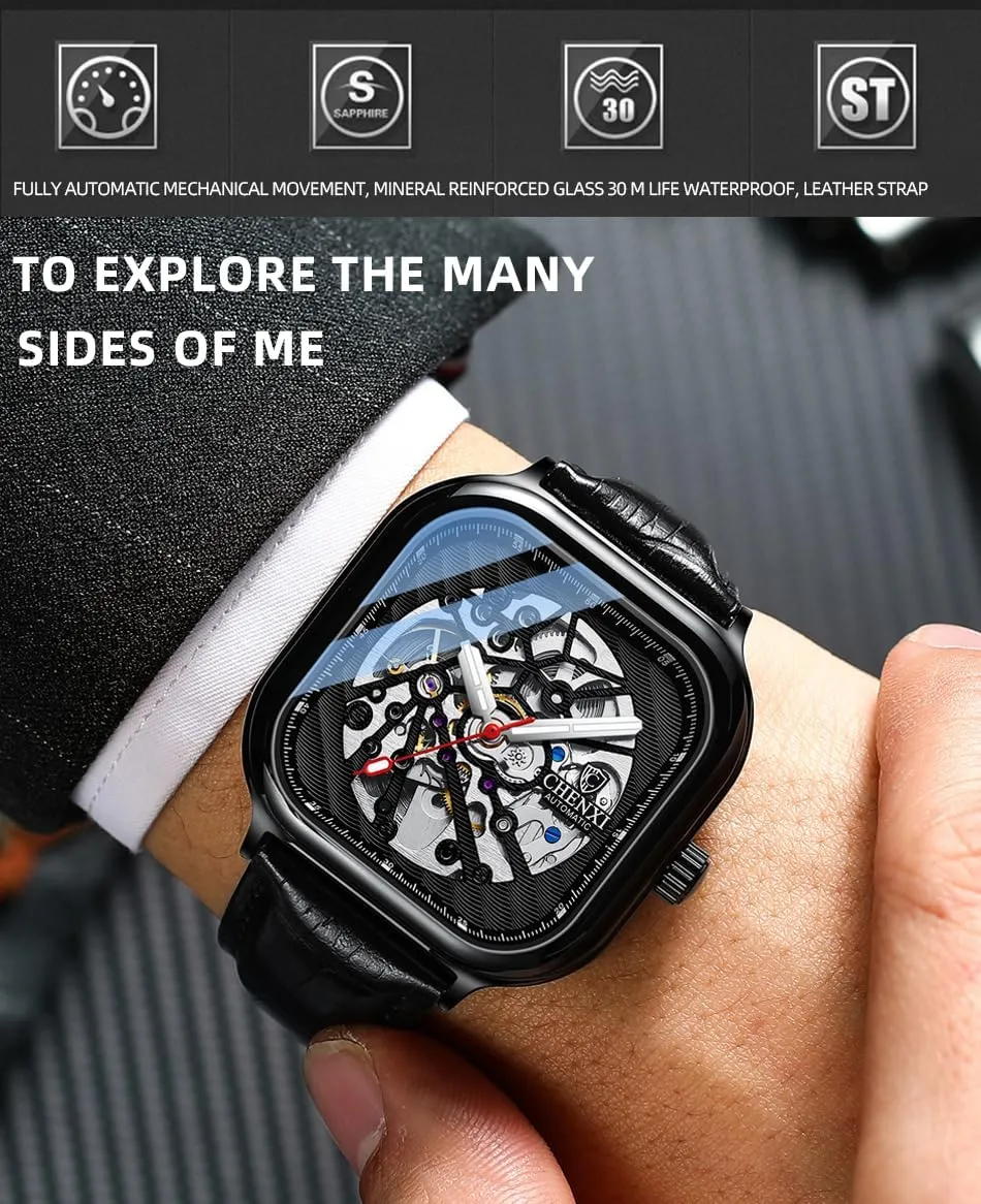 Luxury living Sapphire Crystal Mirror Gifts for Men and Women MASTOP Square Men's Mechanical Watch Automatic Watch Luminous Skeleton Analog Wrist Watch with Milanese and Leather Strap 