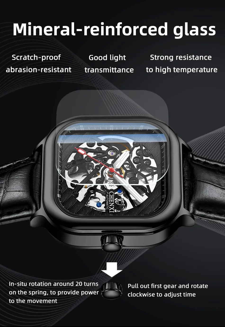 Luxury living Sapphire Crystal Mirror Gifts for Men and Women MASTOP Square Men's Mechanical Watch Automatic Watch Luminous Skeleton Analog Wrist Watch with Milanese and Leather Strap 