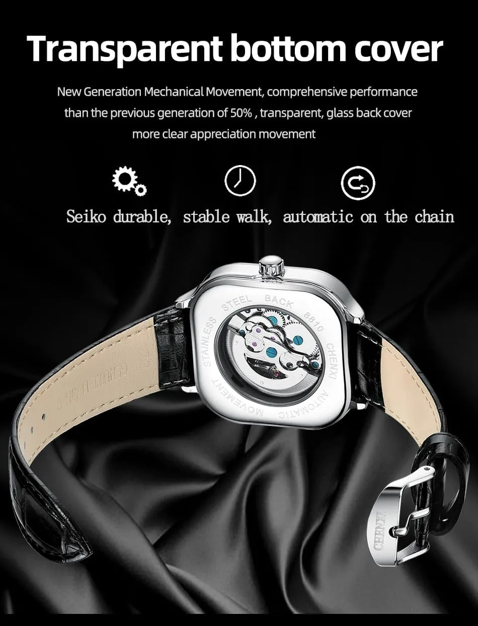 Luxury living Sapphire Crystal Mirror Gifts for Men and Women MASTOP Square Men's Mechanical Watch Automatic Watch Luminous Skeleton Analog Wrist Watch with Milanese and Leather Strap 