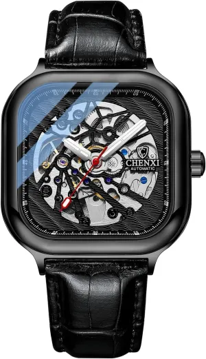 Luxury living Sapphire Crystal Mirror Gifts for Men and Women MASTOP Square Men's Mechanical Watch Automatic Watch Luminous Skeleton Analog Wrist Watch with Milanese and Leather Strap 