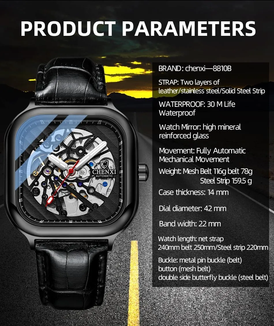 Luxury living Sapphire Crystal Mirror Gifts for Men and Women MASTOP Square Men's Mechanical Watch Automatic Watch Luminous Skeleton Analog Wrist Watch with Milanese and Leather Strap 