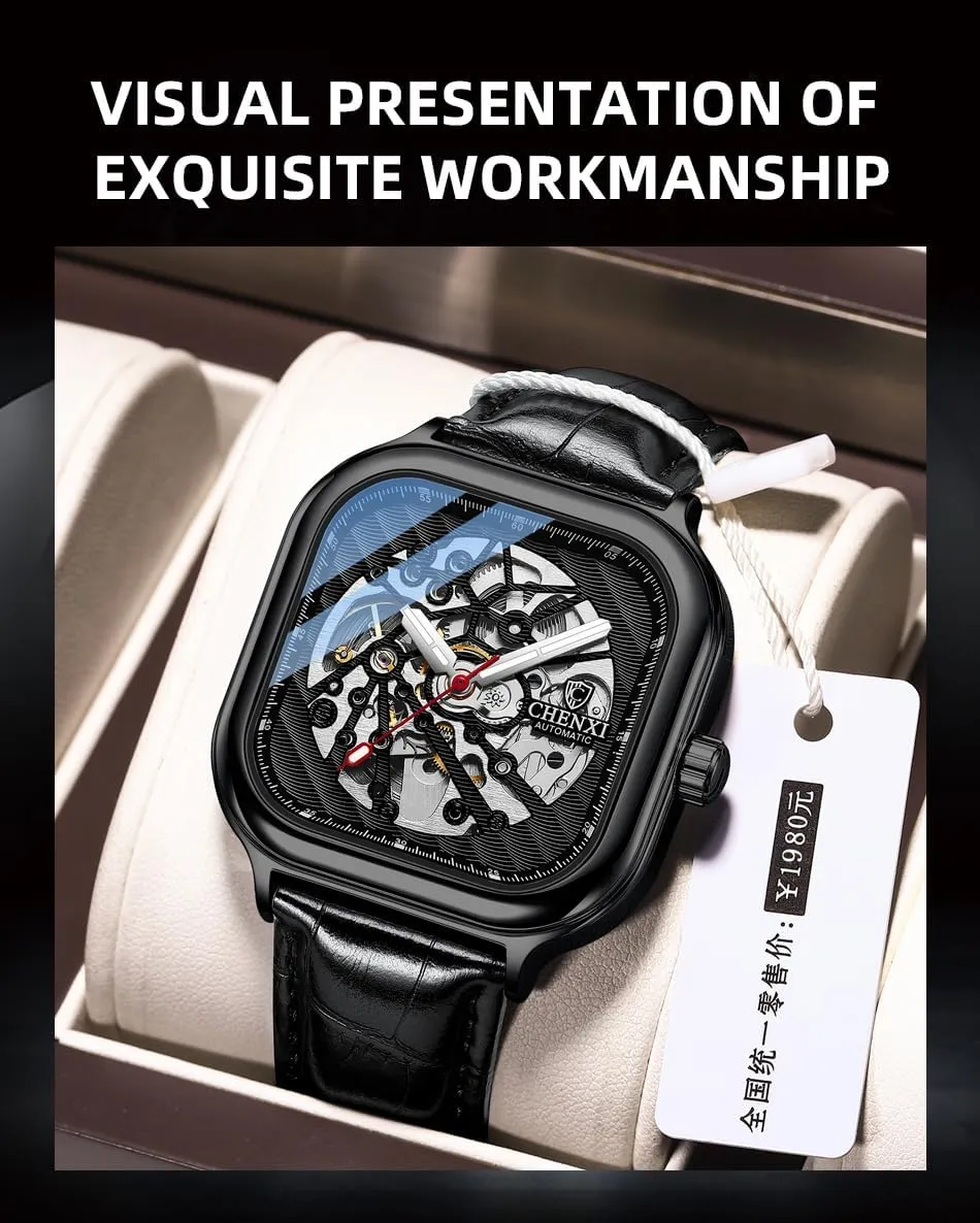 Luxury living Sapphire Crystal Mirror Gifts for Men and Women MASTOP Square Men's Mechanical Watch Automatic Watch Luminous Skeleton Analog Wrist Watch with Milanese and Leather Strap 