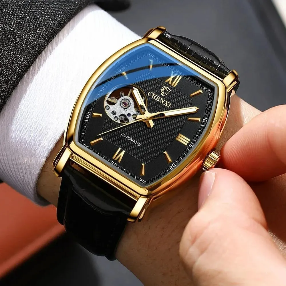 Luxury Man Watch Skeleton Tonneau Dial Automatic Mechanical Watches Square Hollow Out Waterproof Luminous desiccation seller Ute Leather Strap Wrist Watches Fashion 