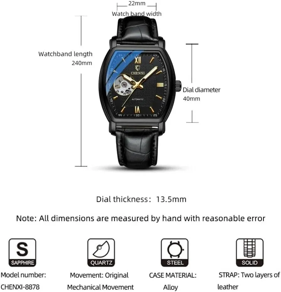 Luxury Man Watch Skeleton Tonneau Dial Automatic Mechanical Watches Square Hollow Out Waterproof Luminous desiccation seller Ute Leather Strap Wrist Watches Fashion 