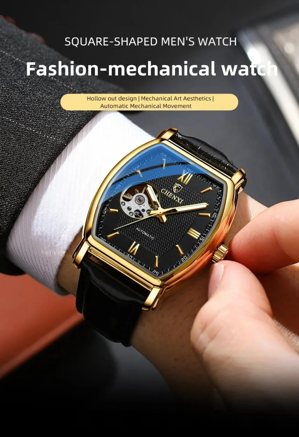 Luxury Man Watch Skeleton Tonneau Dial Automatic Mechanical Watches Square Hollow Out Waterproof Luminous desiccation seller Ute Leather Strap Wrist Watches Fashion 