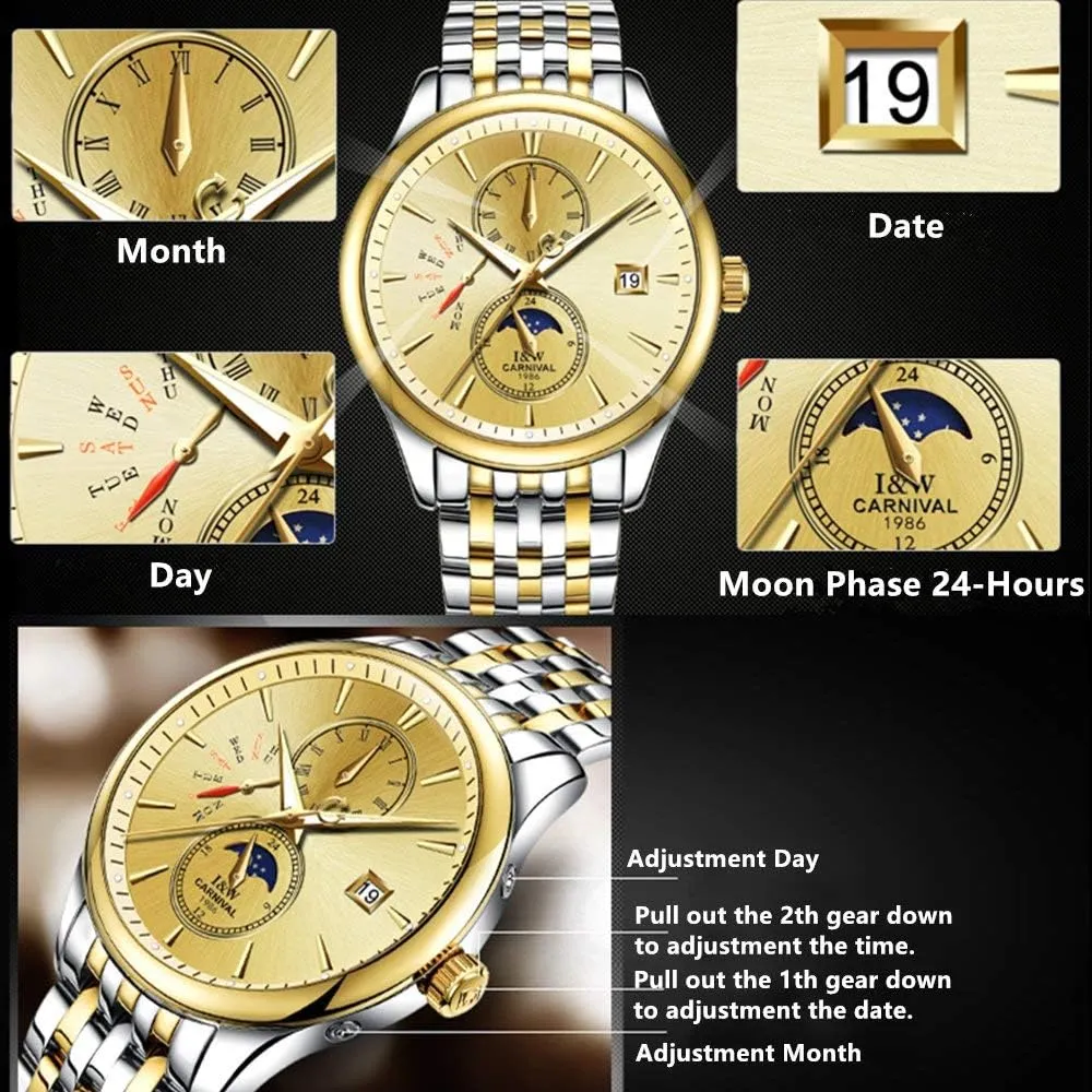 Luxury Men's Watches Automatic-Self-Wind Luminous signaler goldsmith reinforce throng genetics night Calendar Moon Phase Stainless Steel Two-Tone Watch MASTOP 