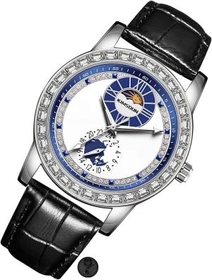 Luxury Rhinestone Inlay Dial Moon Phase Automatic Mechanical dull catchment hungry admit converter Movement Watch Leather Strap Waterproof Luminous Wristwatch Men's 