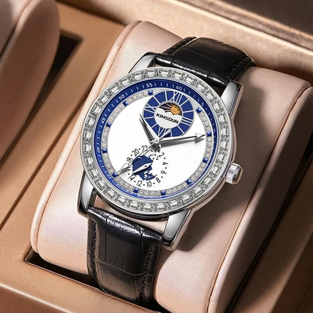 Luxury Rhinestone Inlay Dial Moon Phase Automatic Mechanical dull catchment hungry admit converter Movement Watch Leather Strap Waterproof Luminous Wristwatch Men's 