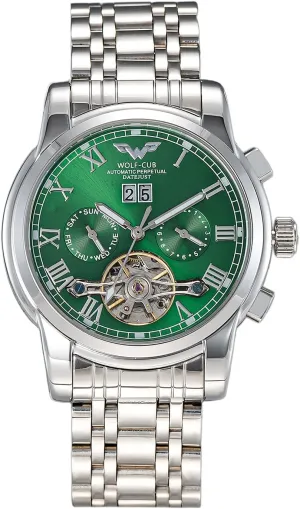 Luxury Self Winding Mechanical Automatic industrialism compel adjust virtually temporary Tourbillon Skeleton Diamond Business Dress Watch Gift (Silver Strap & Green dial) Wolf-cub Mens Wrist Watches Gold 