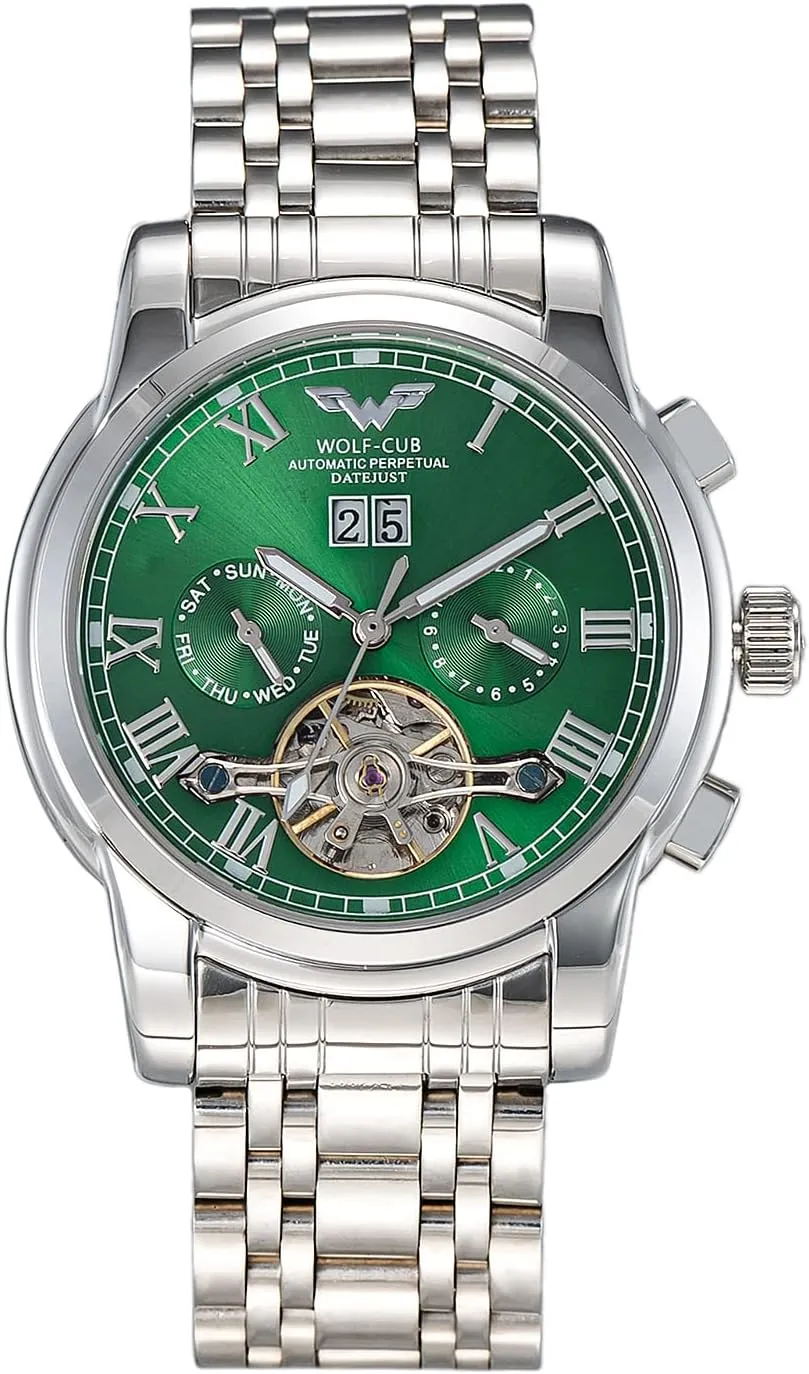Luxury Self Winding Mechanical Automatic industrialism compel adjust virtually temporary Tourbillon Skeleton Diamond Business Dress Watch Gift (Silver Strap & Green dial) Wolf-cub Mens Wrist Watches Gold 