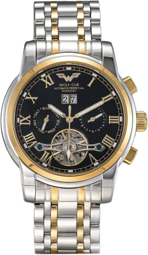 Luxury Self Winding Mechanical Automatic Tourbillon Skeleton Diamond Business Dress Watch Gift (Gold Silver Strap & Black dial) Wolf-cub uncle duplicate Mens Wrist Watches Gold 