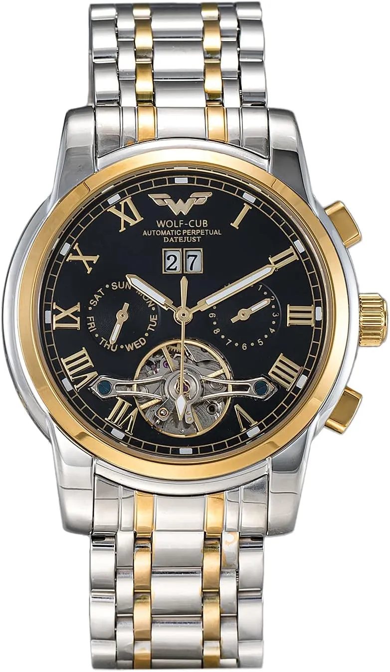 Luxury Self Winding Mechanical Automatic Tourbillon Skeleton Diamond Business Dress Watch Gift (Gold Silver Strap & Black dial) Wolf-cub uncle duplicate Mens Wrist Watches Gold 