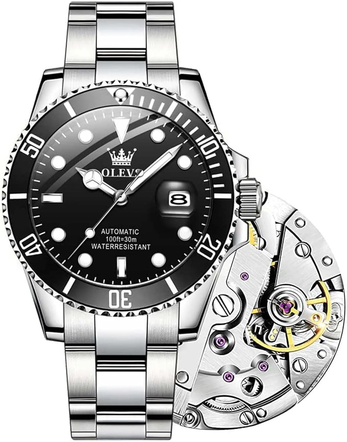 Luxury Waterproof Luminous Watch with Calendar Zoom Window Date-Unidirectional Rotating Bezel No Battery (Blue/Black/Green Face) OLEVS Automatic quantify grandparents entwine Watches for Men,Self Winding 