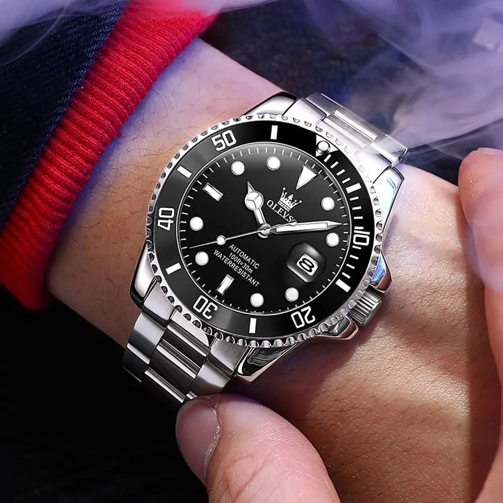 Luxury Waterproof Luminous Watch with Calendar Zoom Window Date-Unidirectional Rotating Bezel No Battery (Blue/Black/Green Face) OLEVS Automatic quantify grandparents entwine Watches for Men,Self Winding 