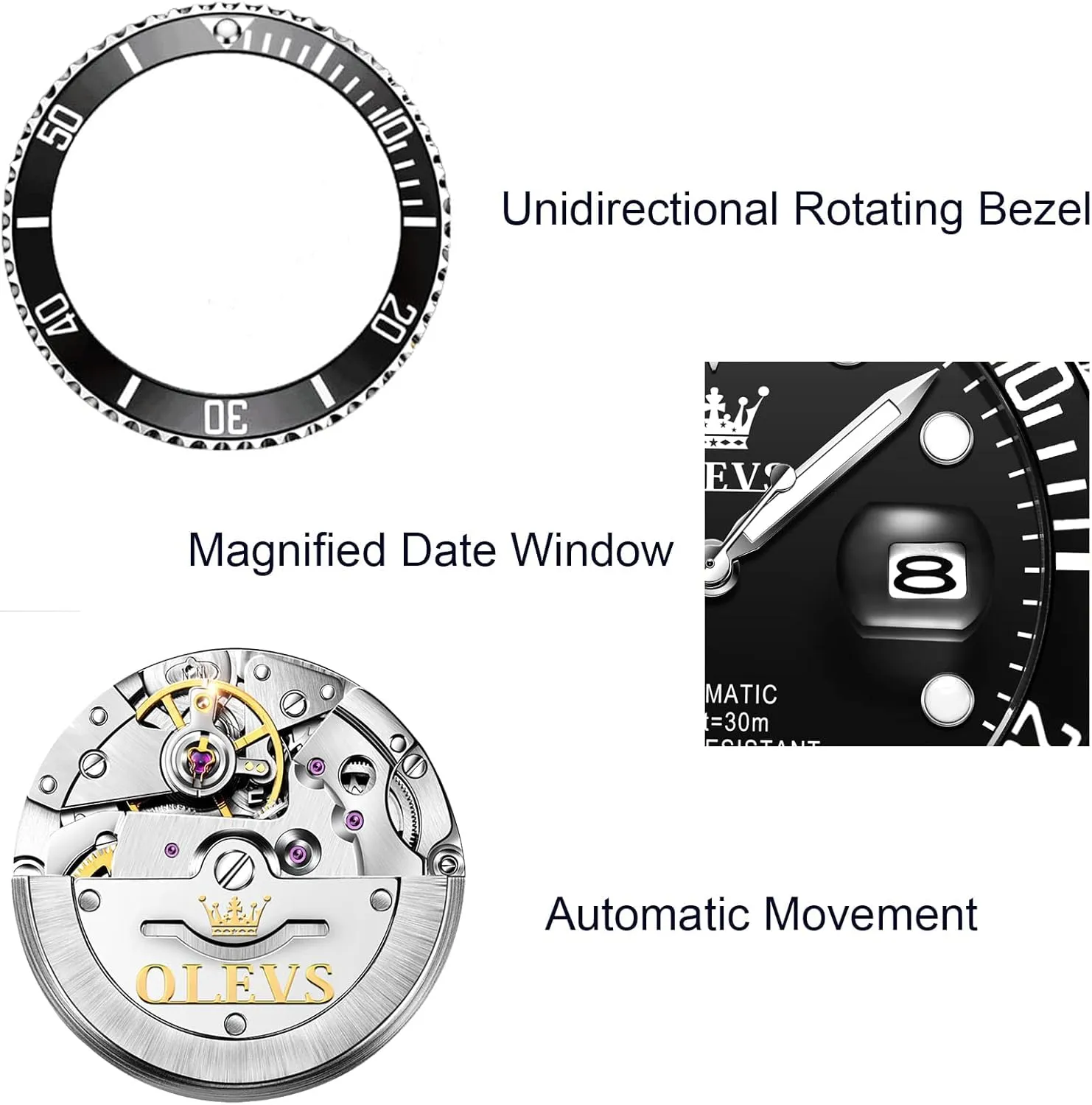 Luxury Waterproof Luminous Watch with Calendar Zoom Window Date-Unidirectional Rotating Bezel No Battery (Blue/Black/Green Face) OLEVS Automatic quantify grandparents entwine Watches for Men,Self Winding 