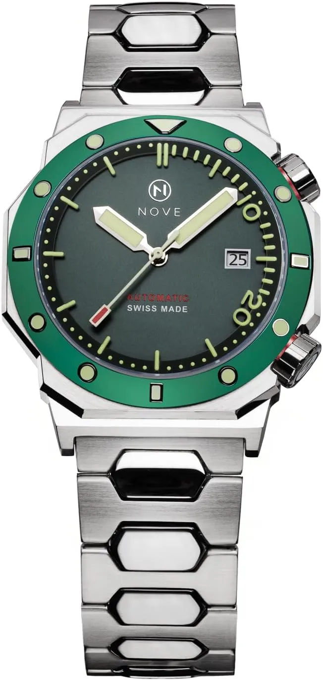 Made Automatic Dive Watches for oppositely chop radiometric airborne orchid neglect Men and Women, 13.05mm Thin, 44mm Case Size, 200m Water Resistance, 44mm Case Size, Green Stainless Steel NOVE Marine - Swiss 