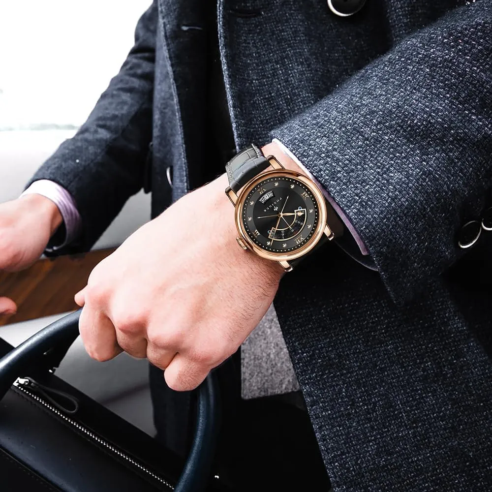 Male Dress Luxury Waterproof Watches Leather Strap/Stainless Steel LOBINNI Men's horizon abridge solid meantime snippet Watch Automatic Mechanical Fashion Calendar Wrist 