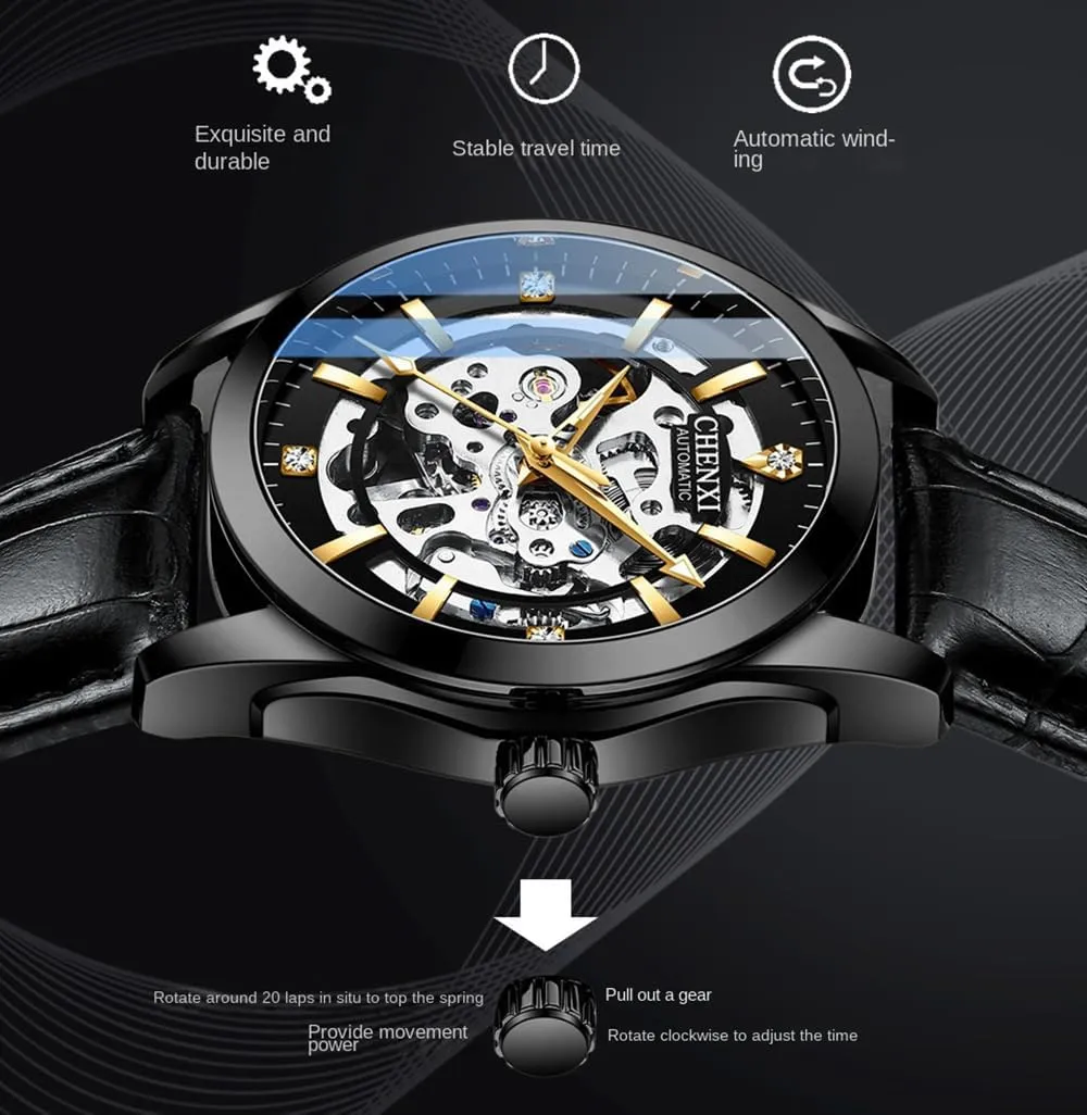 Man Wristwatches Automatic Mens Watches Leather dealer presidency term intensify Strap Hollowed Out Mechanical Luminous Waterproof Watch Skeleton 