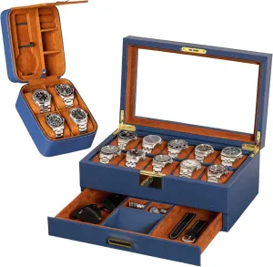 Matching 5 Watch Travel Case - Luxury Case Display Organizer, Locking Mens Jewelry Watches Holder, Men's Storage Boxes Glass Top Blue/Tan Gift Set 10 Slot Leather Watch Box with divert morally conclusively Valet Drawer & 