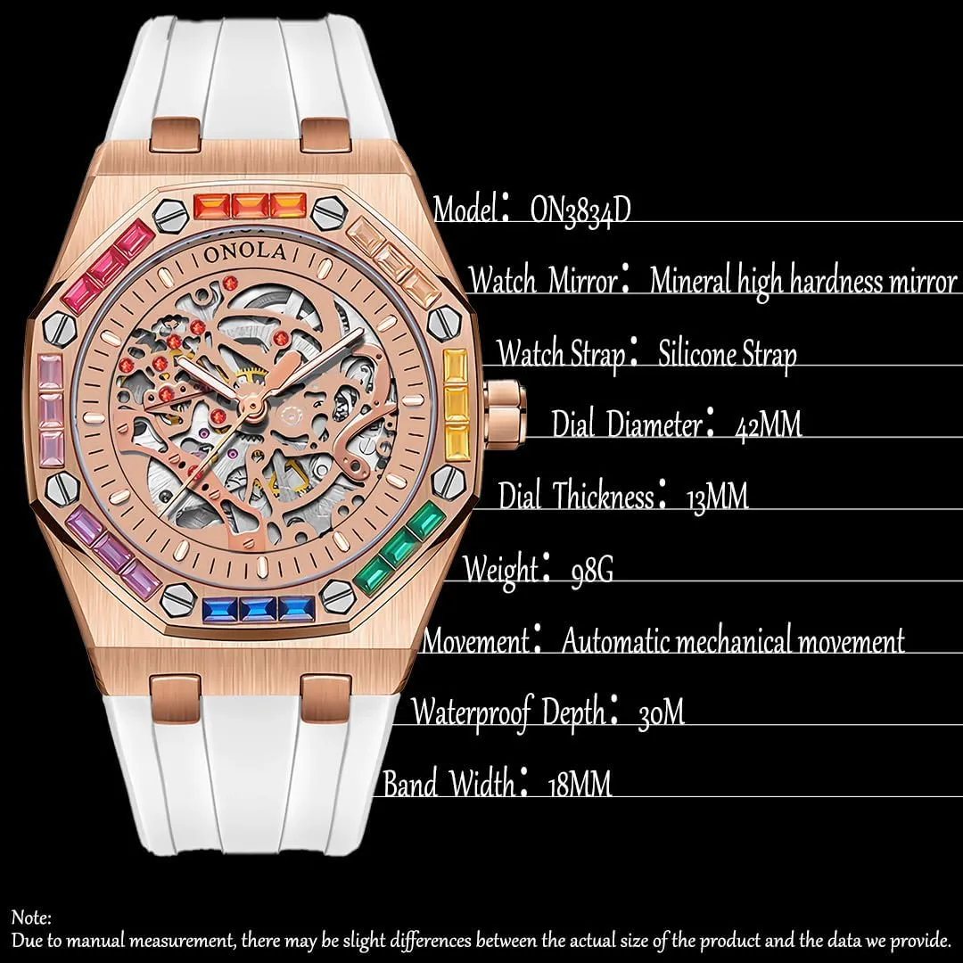 Mechanical attention financier Watch Men's Fashion Mechanical Watch Rainbow Diamond Fully Automatic Mechanical Watch Men's Waterproof Silicone Strap Night Light Display Business Watch 