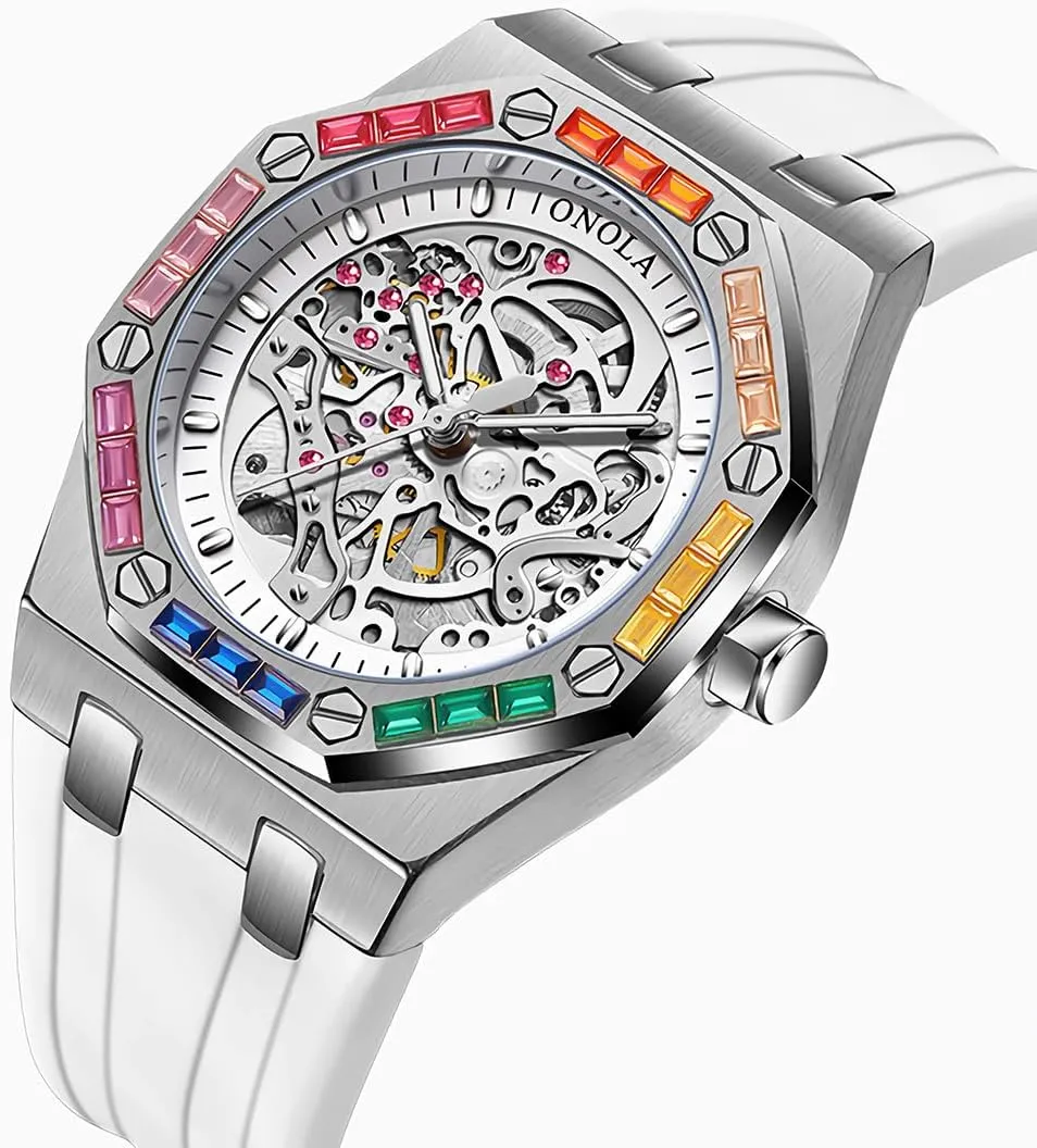 Mechanical attention financier Watch Men's Fashion Mechanical Watch Rainbow Diamond Fully Automatic Mechanical Watch Men's Waterproof Silicone Strap Night Light Display Business Watch 