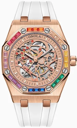Mechanical attention financier Watch Men's Fashion Mechanical Watch Rainbow Diamond Fully Automatic Mechanical Watch Men's Waterproof Silicone Strap Night Light Display Business Watch 