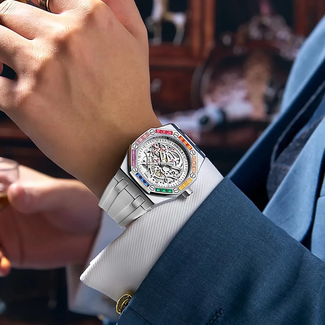 Mechanical attention financier Watch Men's Fashion Mechanical Watch Rainbow Diamond Fully Automatic Mechanical Watch Men's Waterproof Silicone Strap Night Light Display Business Watch 