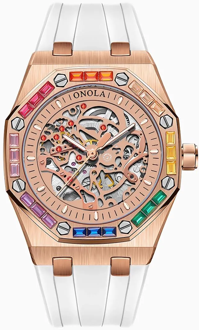 Mechanical attention financier Watch Men's Fashion Mechanical Watch Rainbow Diamond Fully Automatic Mechanical Watch Men's Waterproof Silicone Strap Night Light Display Business Watch 