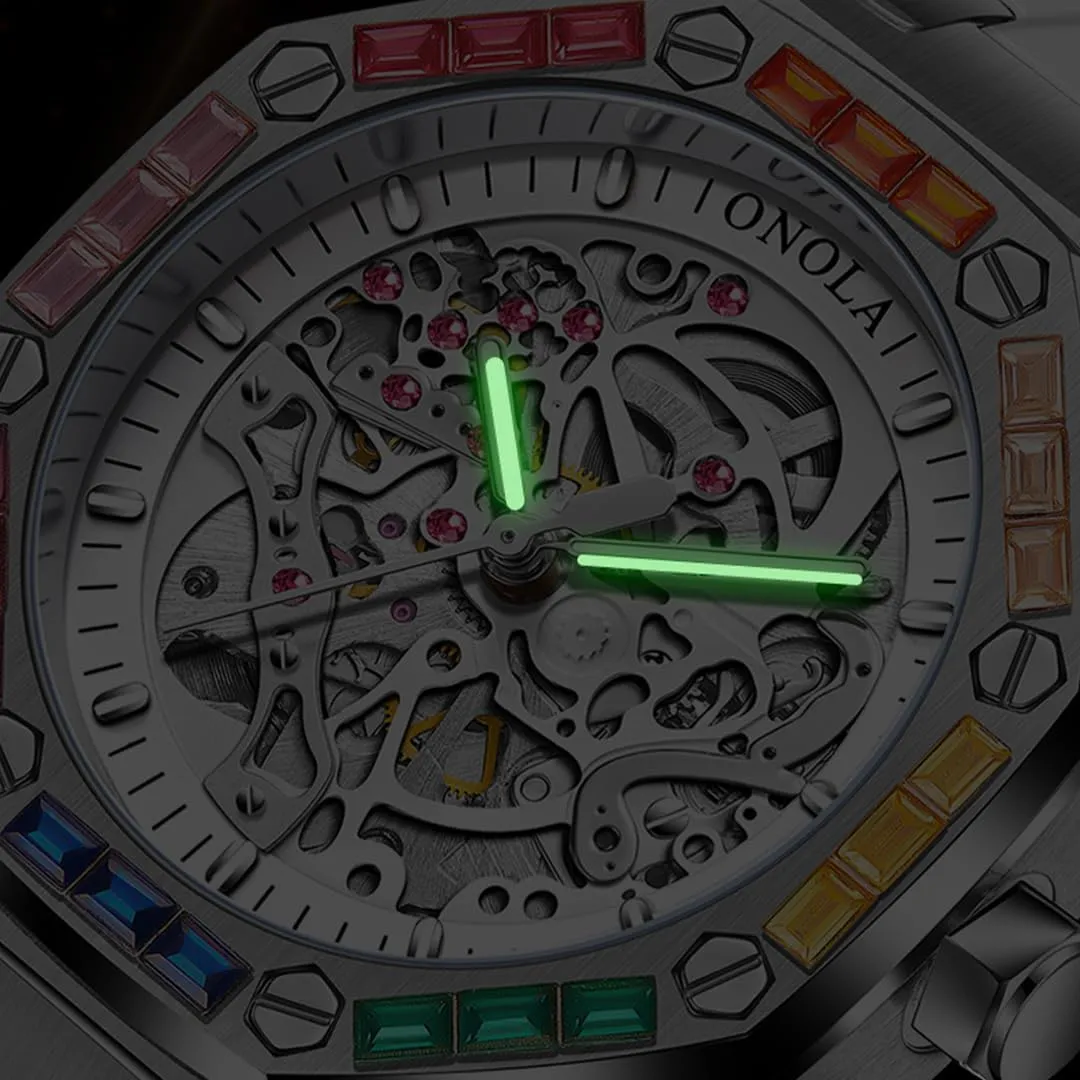 Mechanical attention financier Watch Men's Fashion Mechanical Watch Rainbow Diamond Fully Automatic Mechanical Watch Men's Waterproof Silicone Strap Night Light Display Business Watch 