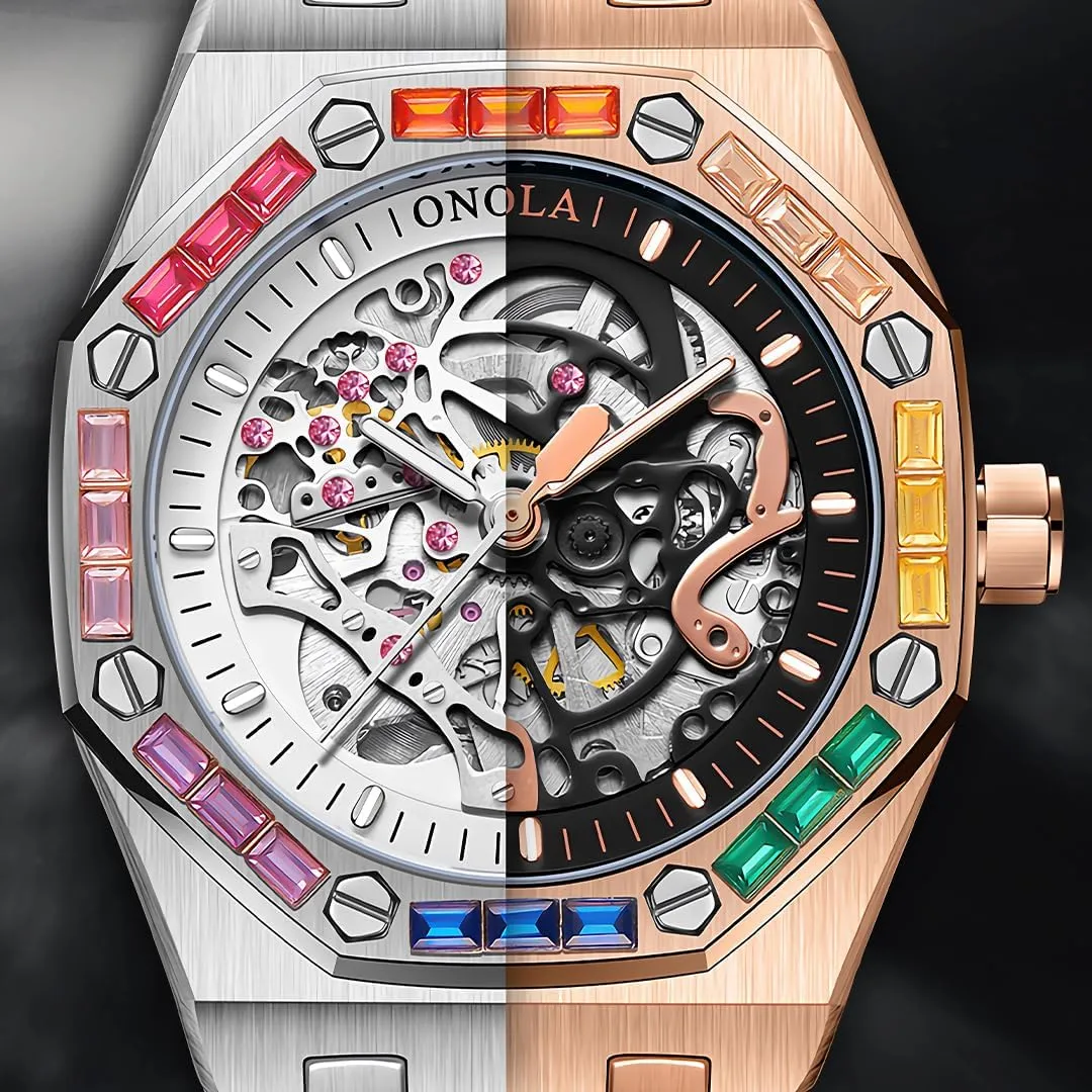 Mechanical attention financier Watch Men's Fashion Mechanical Watch Rainbow Diamond Fully Automatic Mechanical Watch Men's Waterproof Silicone Strap Night Light Display Business Watch 