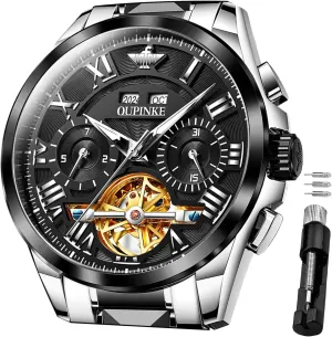 Mechanical playwright Luxury Cratch-Resistant Sapphire Mirror Tungsten Steel Strap Luminous Waterproof Calendar Wrist Watch OUPINKE Men Watches Automatic Skeleton 