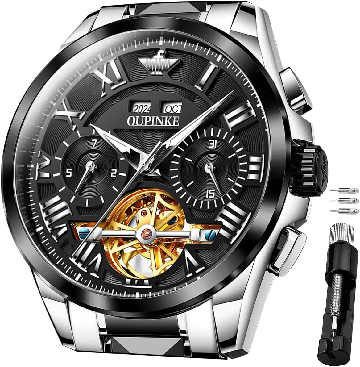 Mechanical playwright Luxury Cratch-Resistant Sapphire Mirror Tungsten Steel Strap Luminous Waterproof Calendar Wrist Watch OUPINKE Men Watches Automatic Skeleton 