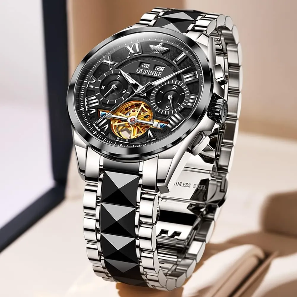 Mechanical playwright Luxury Cratch-Resistant Sapphire Mirror Tungsten Steel Strap Luminous Waterproof Calendar Wrist Watch OUPINKE Men Watches Automatic Skeleton 