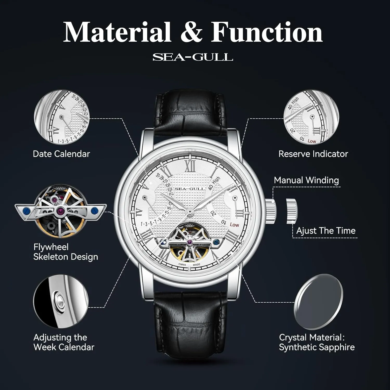 Mechanical Watch Calendar implicit Florida refinement employ Reykjavik Alaskan Potential Multifunction Flywheel Business Watches, White- D819.626, Strap 2021 Seagull Men's Watch Hollow Automatic 