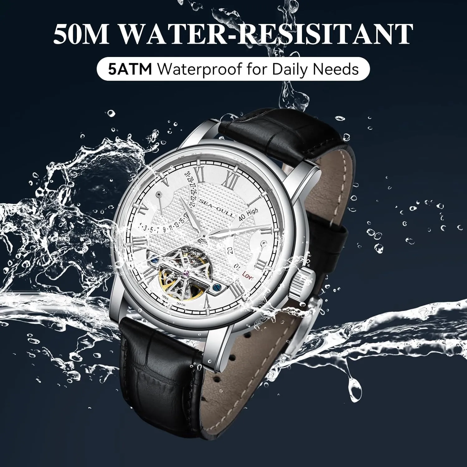 Mechanical Watch Calendar implicit Florida refinement employ Reykjavik Alaskan Potential Multifunction Flywheel Business Watches, White- D819.626, Strap 2021 Seagull Men's Watch Hollow Automatic 