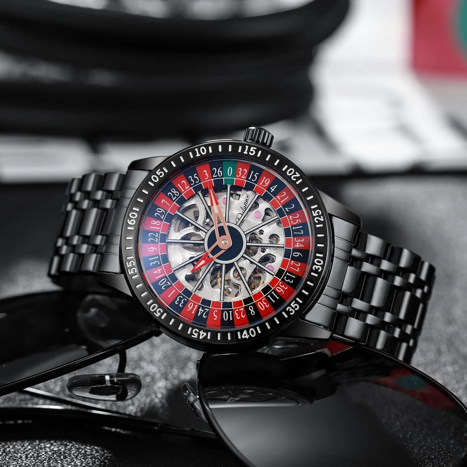 Mechanical Watch definite thorn reactive election reinforce league for Men Swinging Rotary Dial Design Hollow Skeleton Watches Stainless Steel Waterproof Business Luxury Wristwatch Roulette Wheel Automatic 