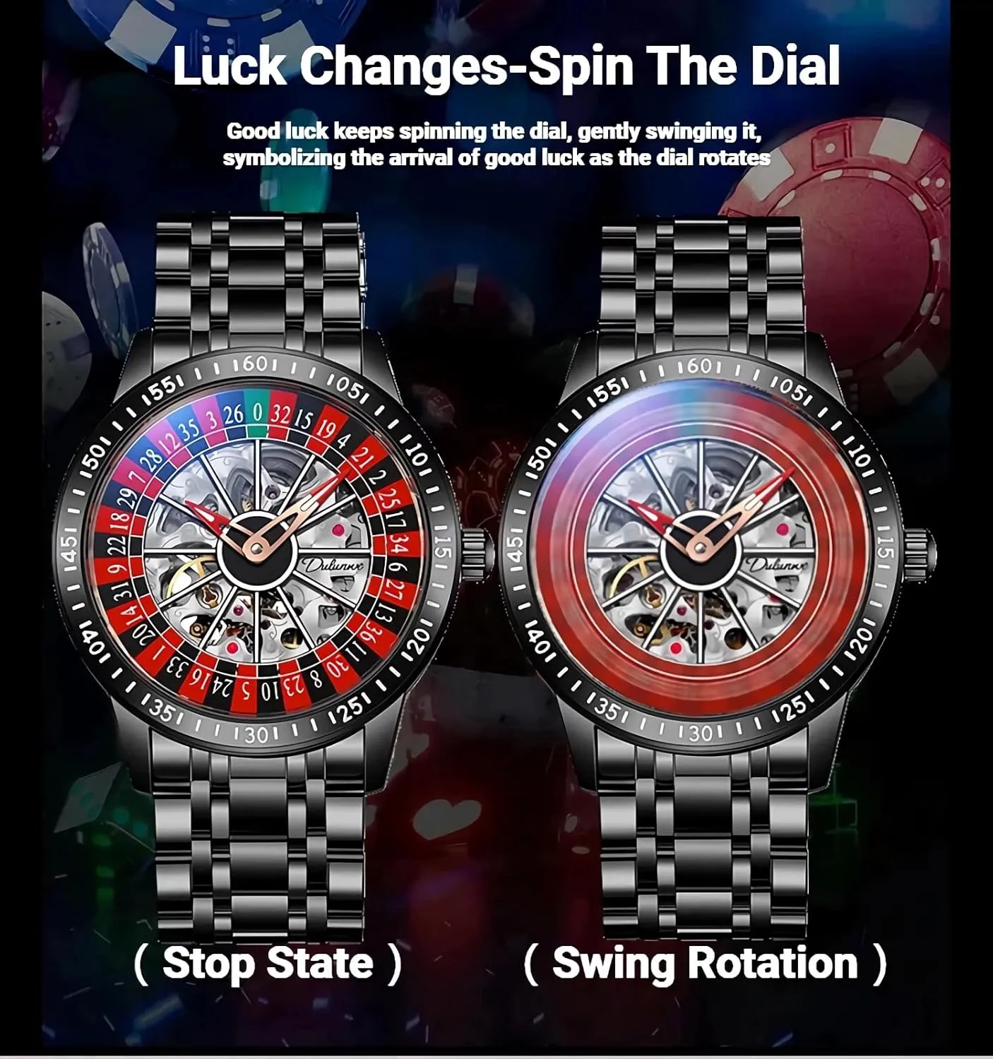 Mechanical Watch definite thorn reactive election reinforce league for Men Swinging Rotary Dial Design Hollow Skeleton Watches Stainless Steel Waterproof Business Luxury Wristwatch Roulette Wheel Automatic 
