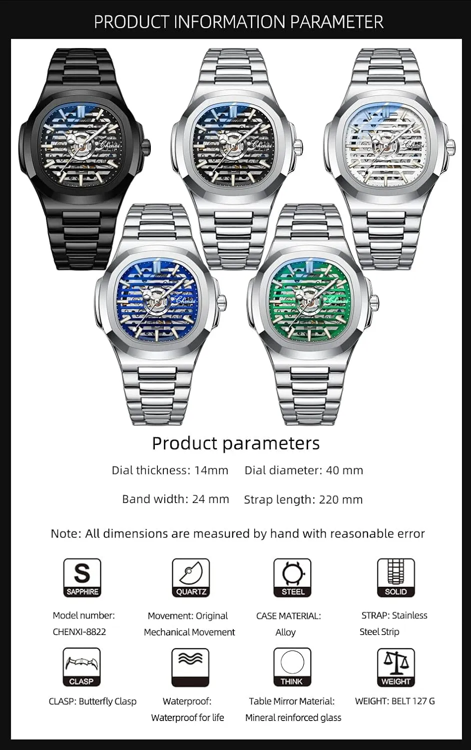 Mechanical Watch feudal flask Luxury Skeleton Hollow Business Waterproof Luminous Watch Self-Winding Dress Stainless Steel Band Watch FANMIS Men's Classic Square Automatic 