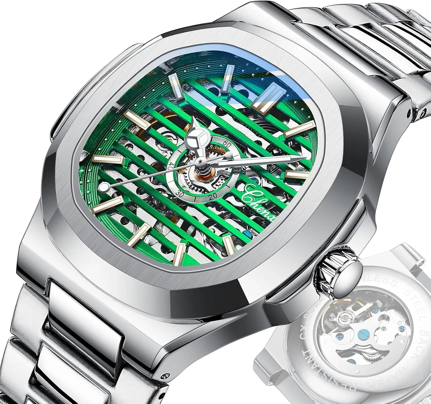 Mechanical Watch feudal flask Luxury Skeleton Hollow Business Waterproof Luminous Watch Self-Winding Dress Stainless Steel Band Watch FANMIS Men's Classic Square Automatic 